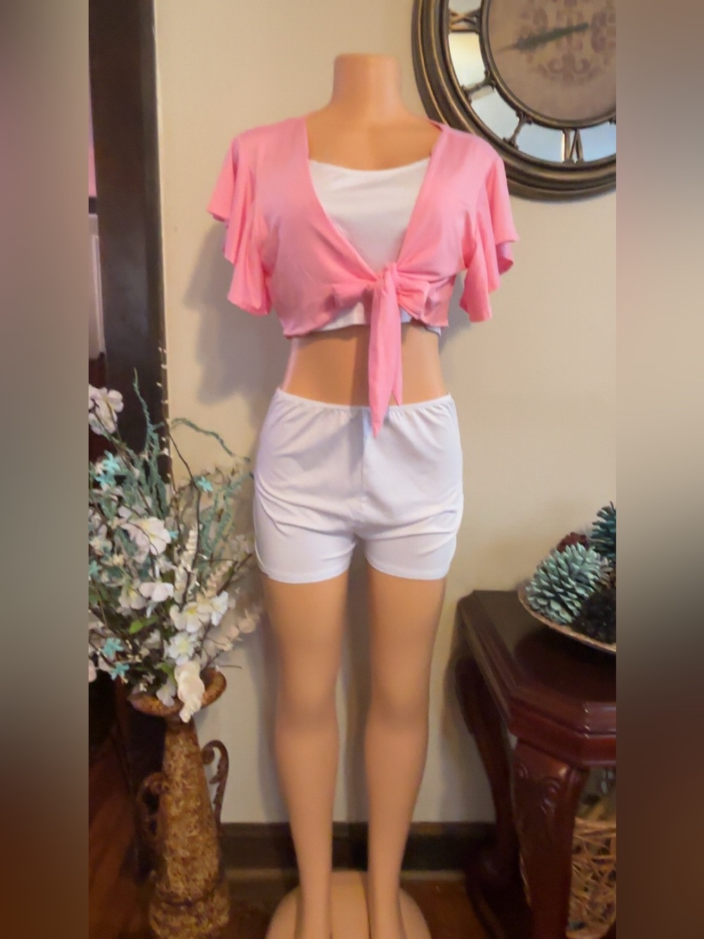 CBR Pink Tie-Front Flutter Sleeve Crop Top